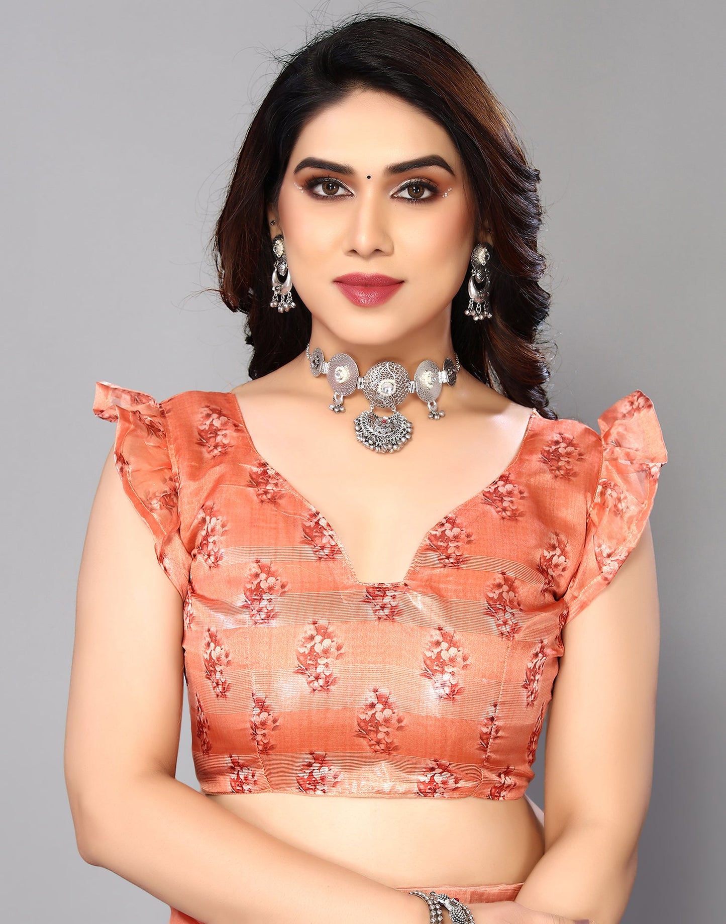 Orange Silk Floral Printed Saree