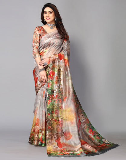 Grey Silk Floral Printed Saree