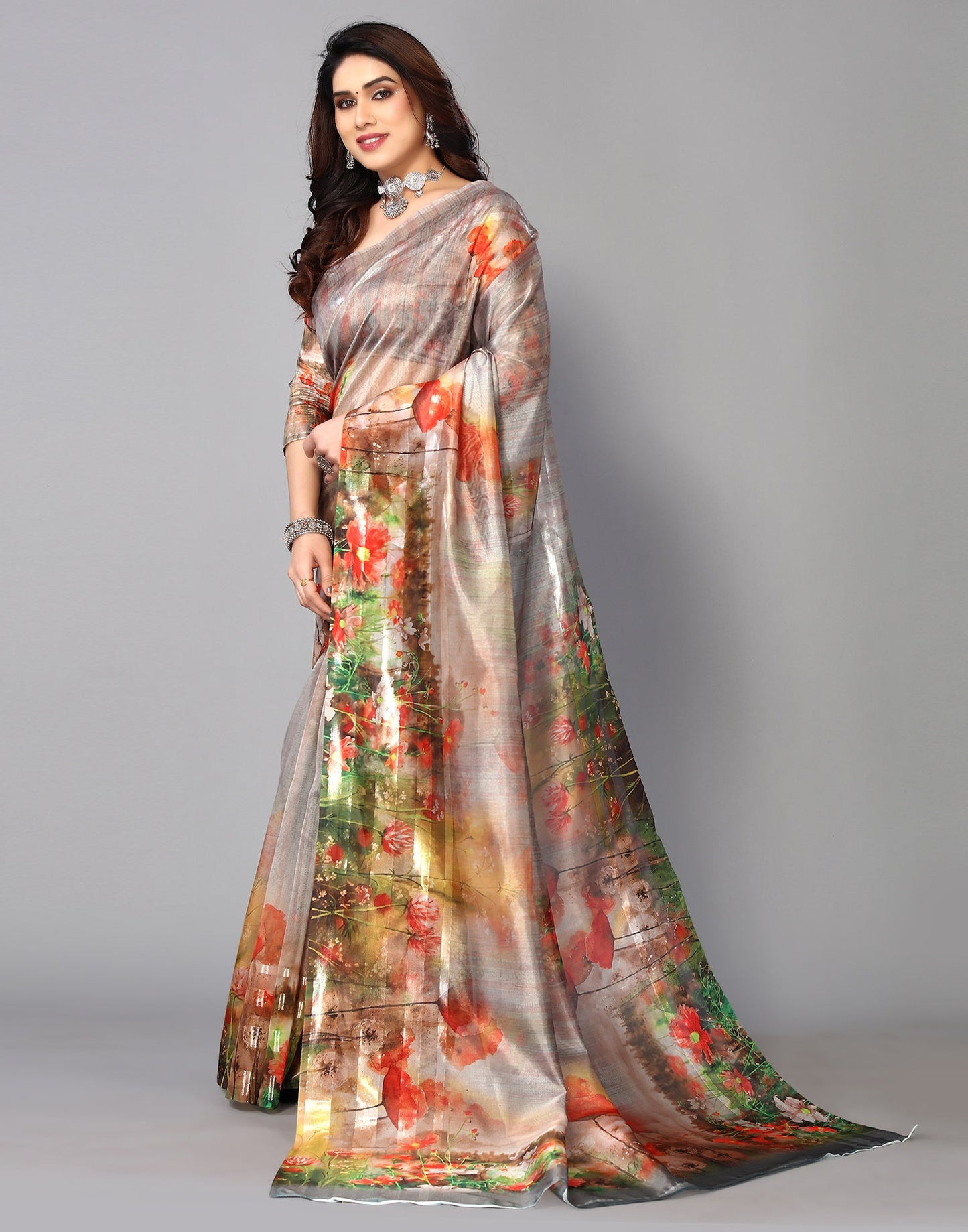 Grey Silk Floral Printed Saree