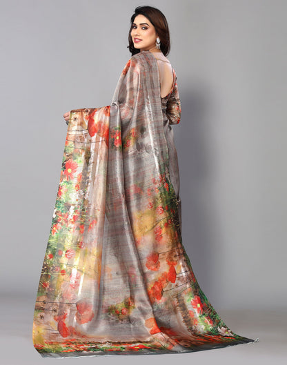 Grey Silk Floral Printed Saree