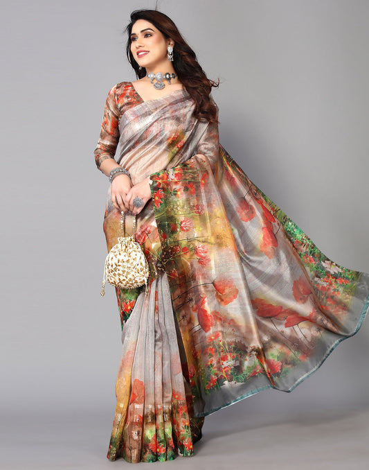 Grey Silk Floral Printed Saree