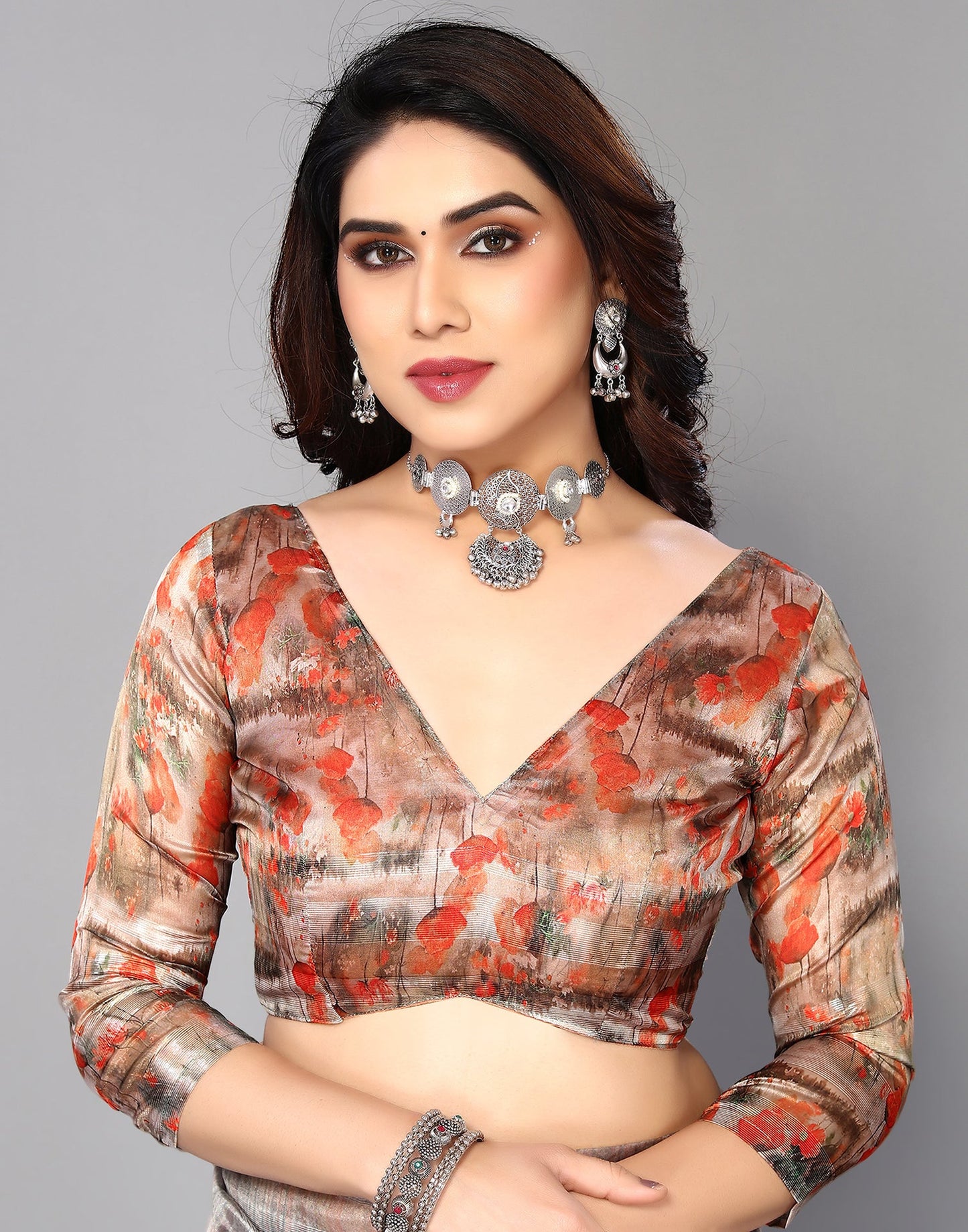 Grey Silk Floral Printed Saree