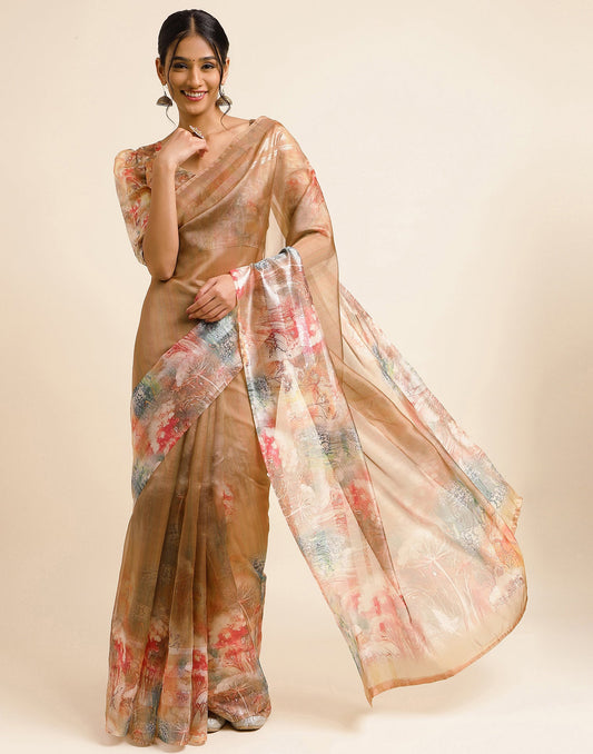 Golden Silk Floral Printed Saree
