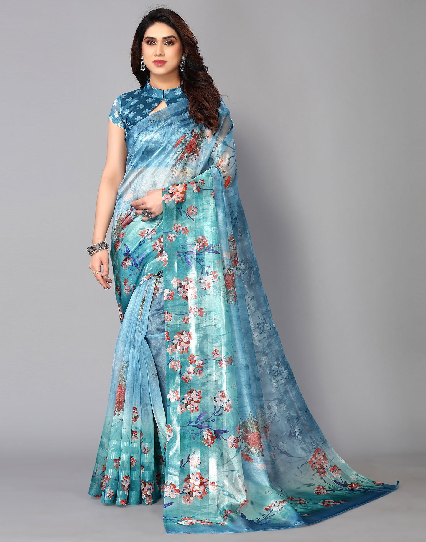 Light Blue Silk Floral Printed Saree