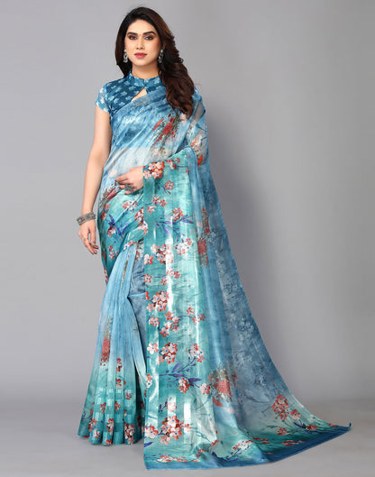 Light Blue Silk Floral Printed Saree