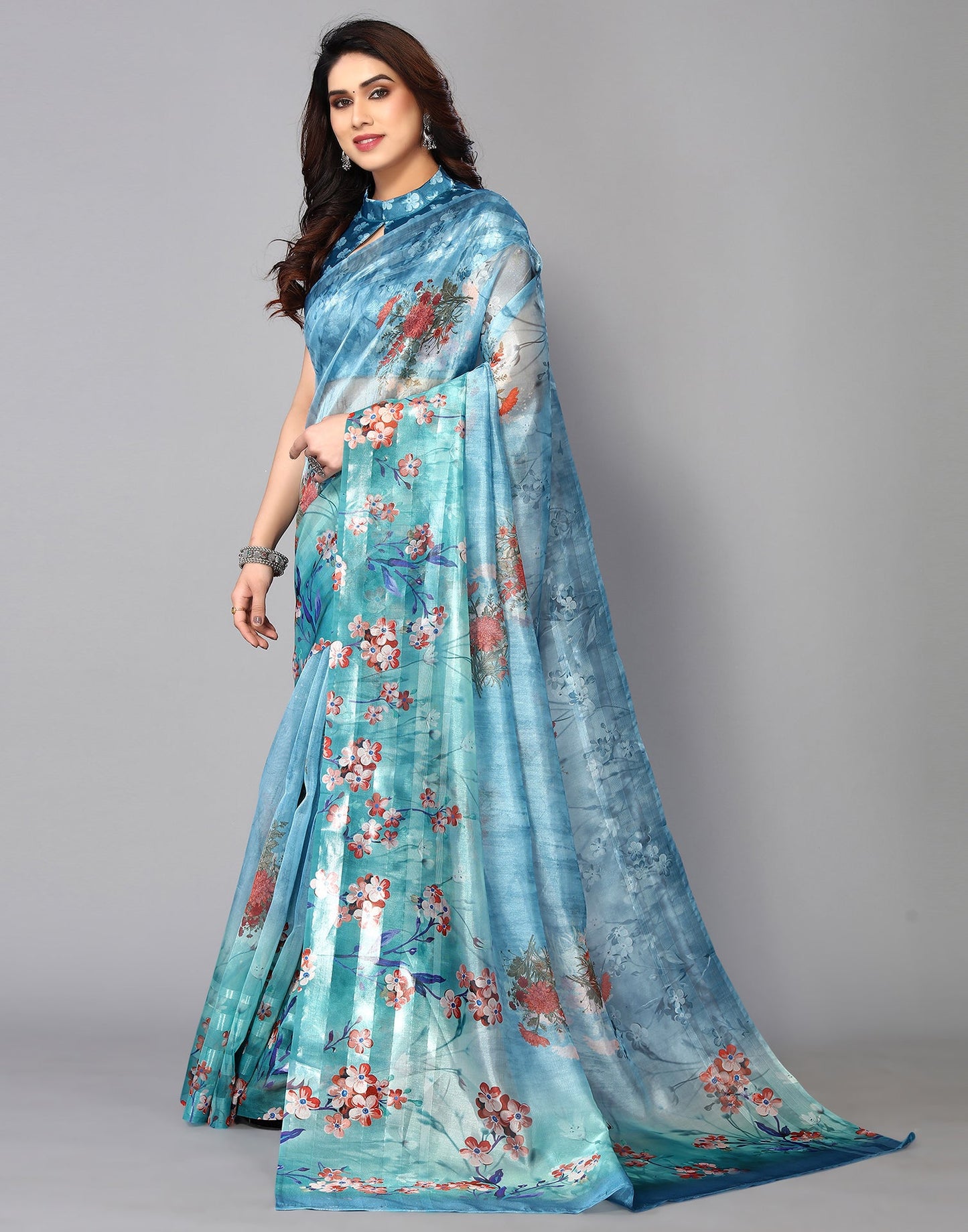 Light Blue Silk Floral Printed Saree