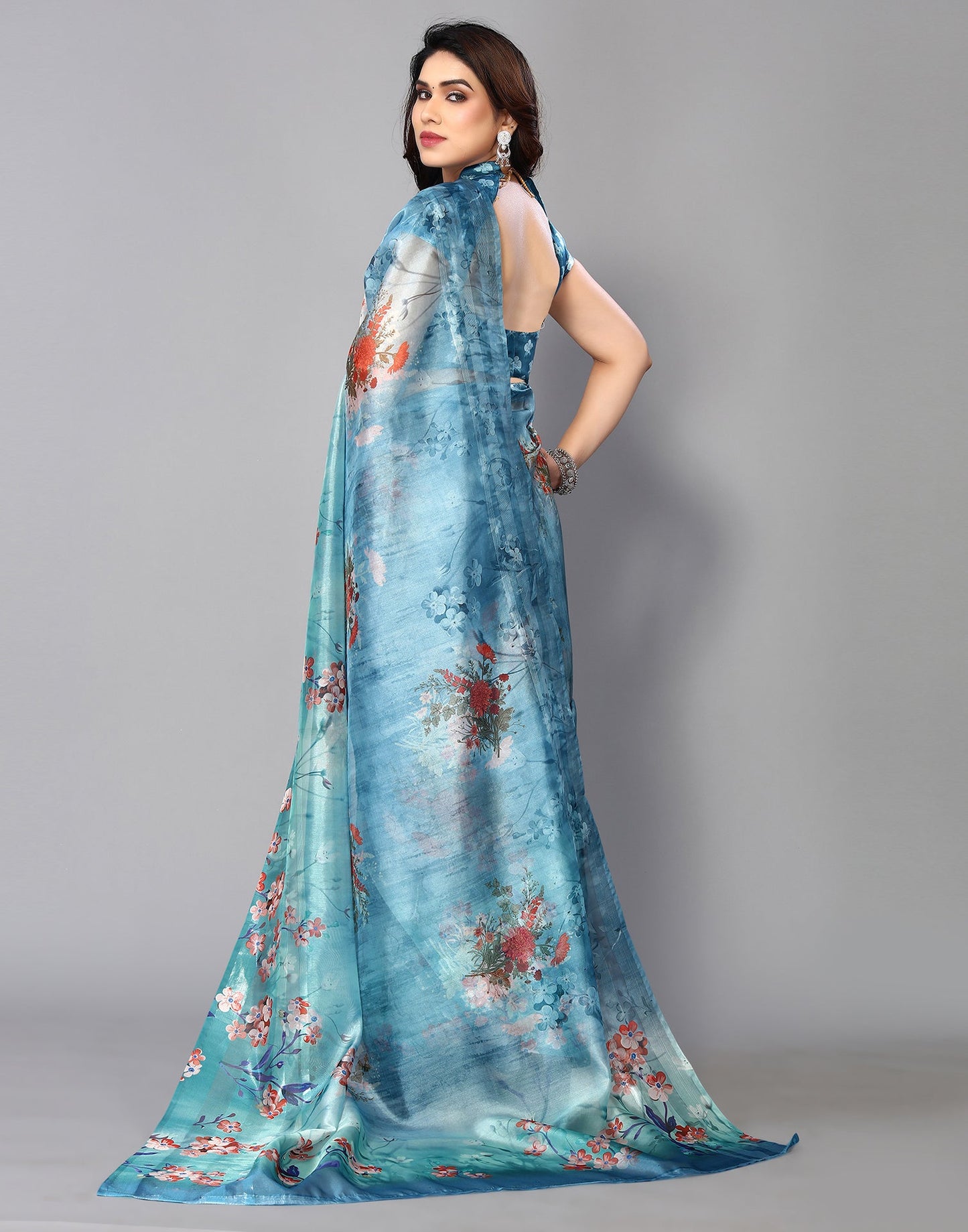 Light Blue Silk Floral Printed Saree