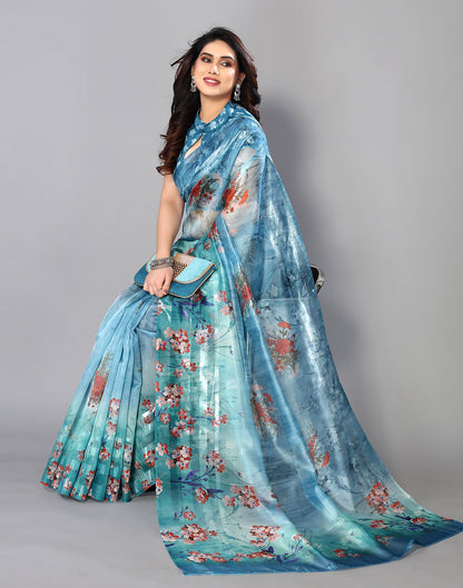Light Blue Silk Floral Printed Saree