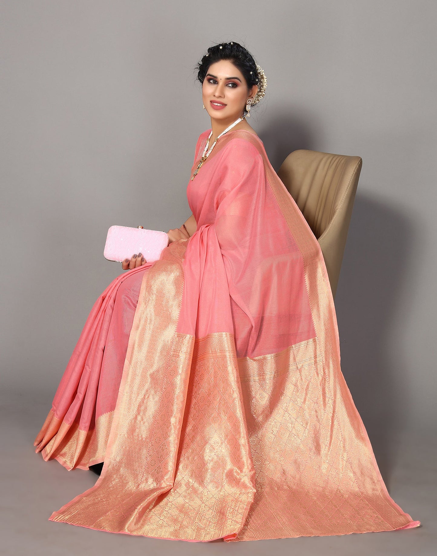 Light Pink Cotton Weaving Saree