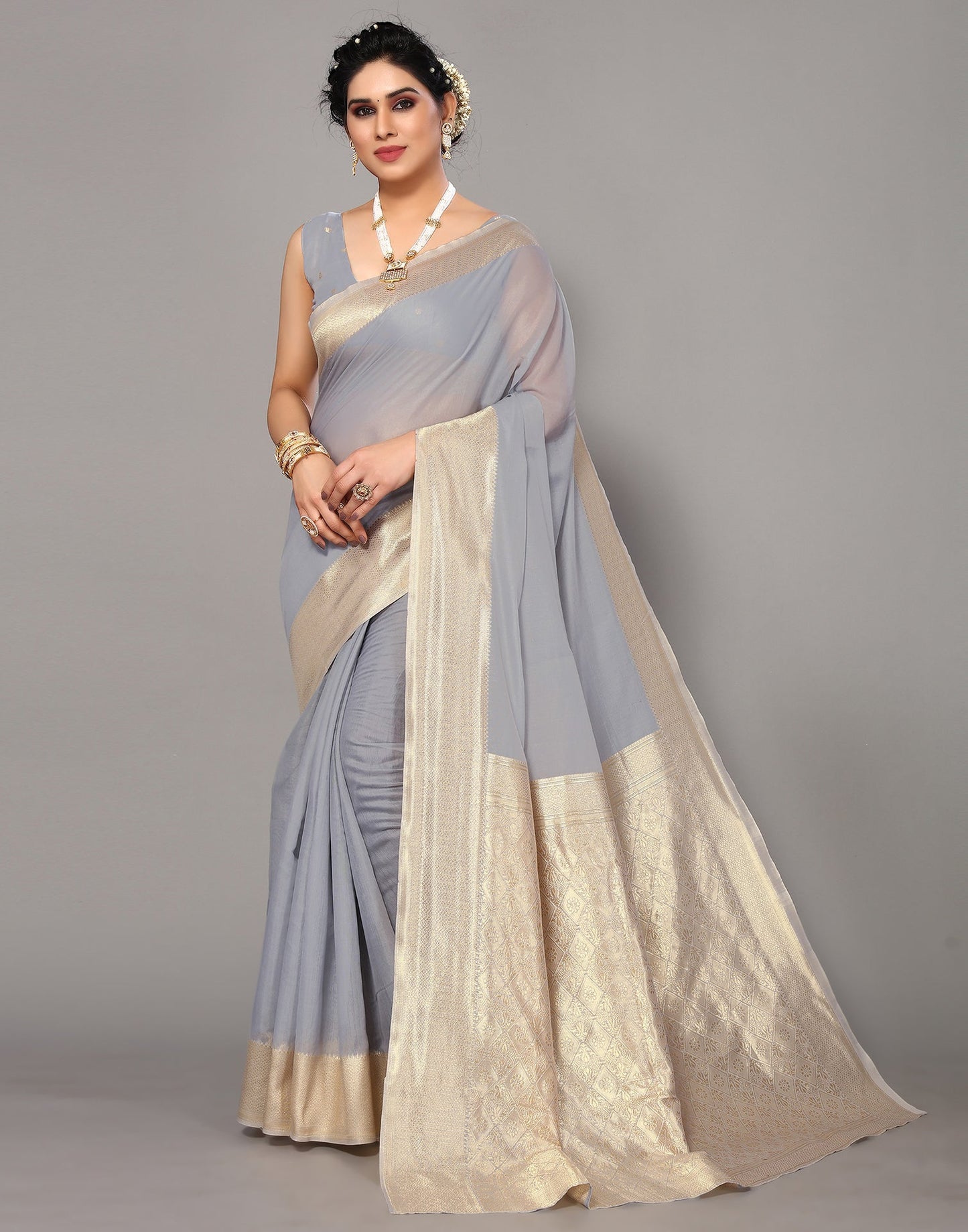 Light Grey Cotton Weaving Saree