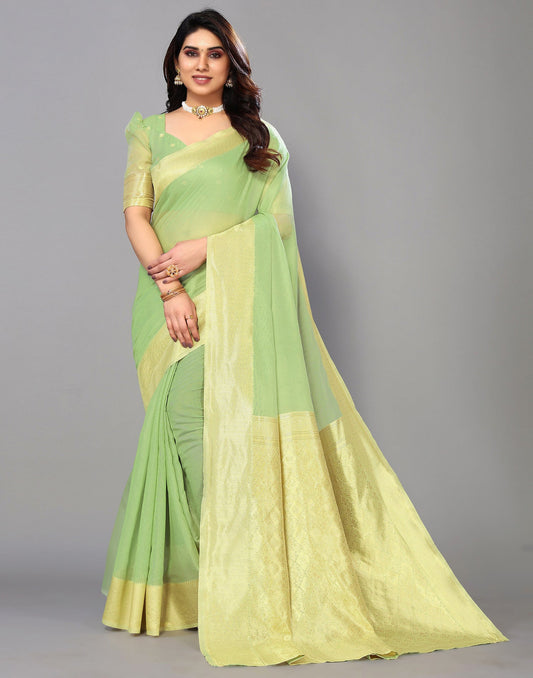 Pista Green Cotton Weaving Saree