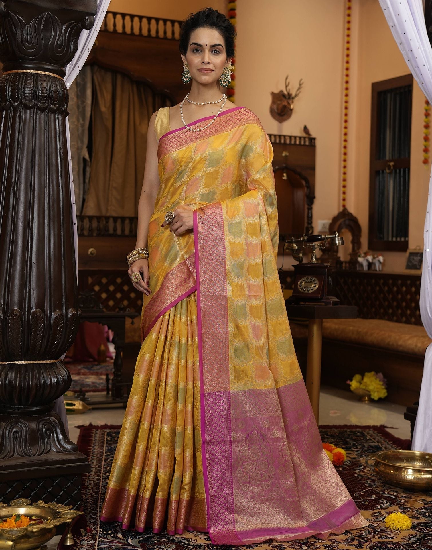 Yellow Banarasi Silk Saree | Leemboodi