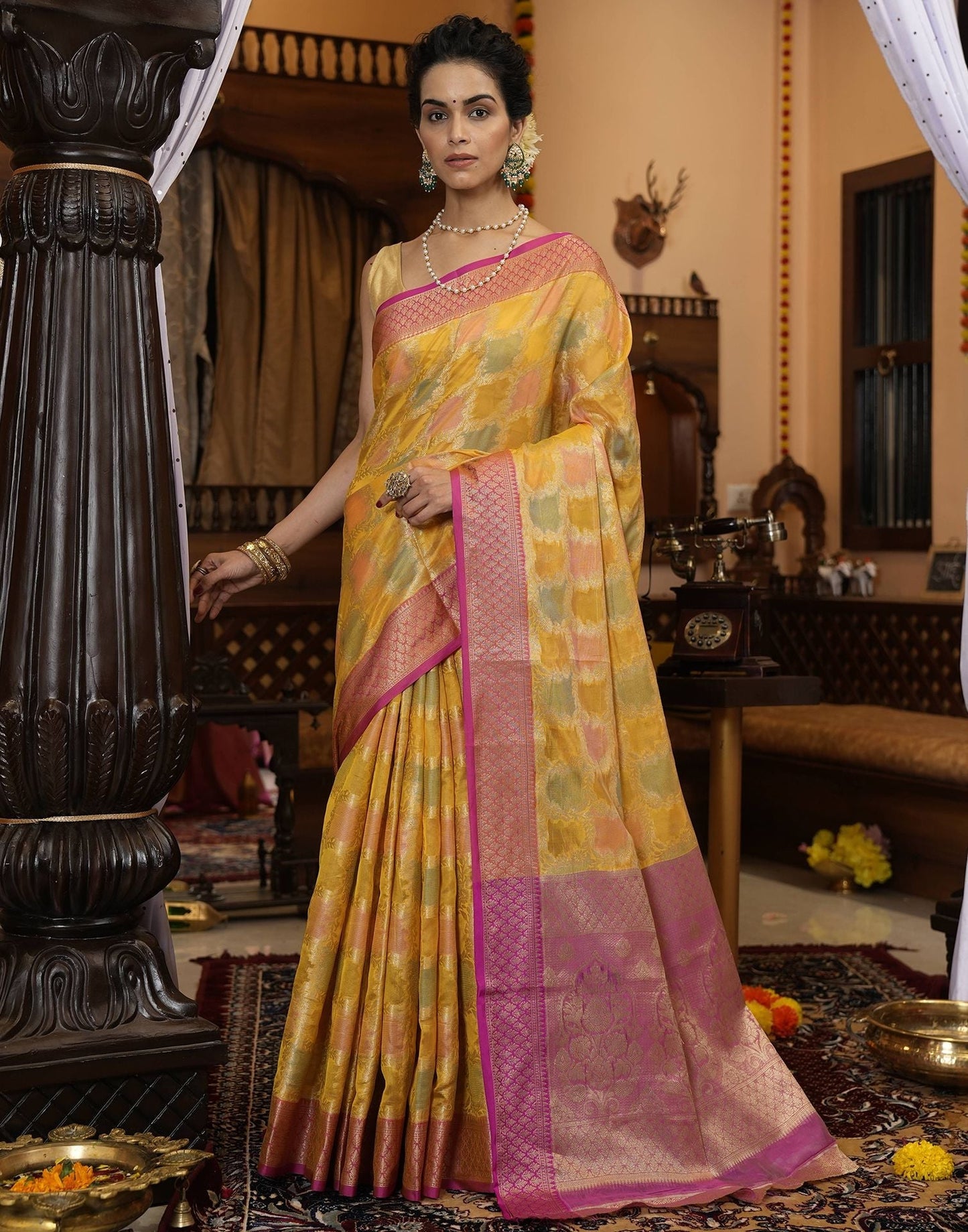 Yellow Banarasi Silk Saree | Leemboodi