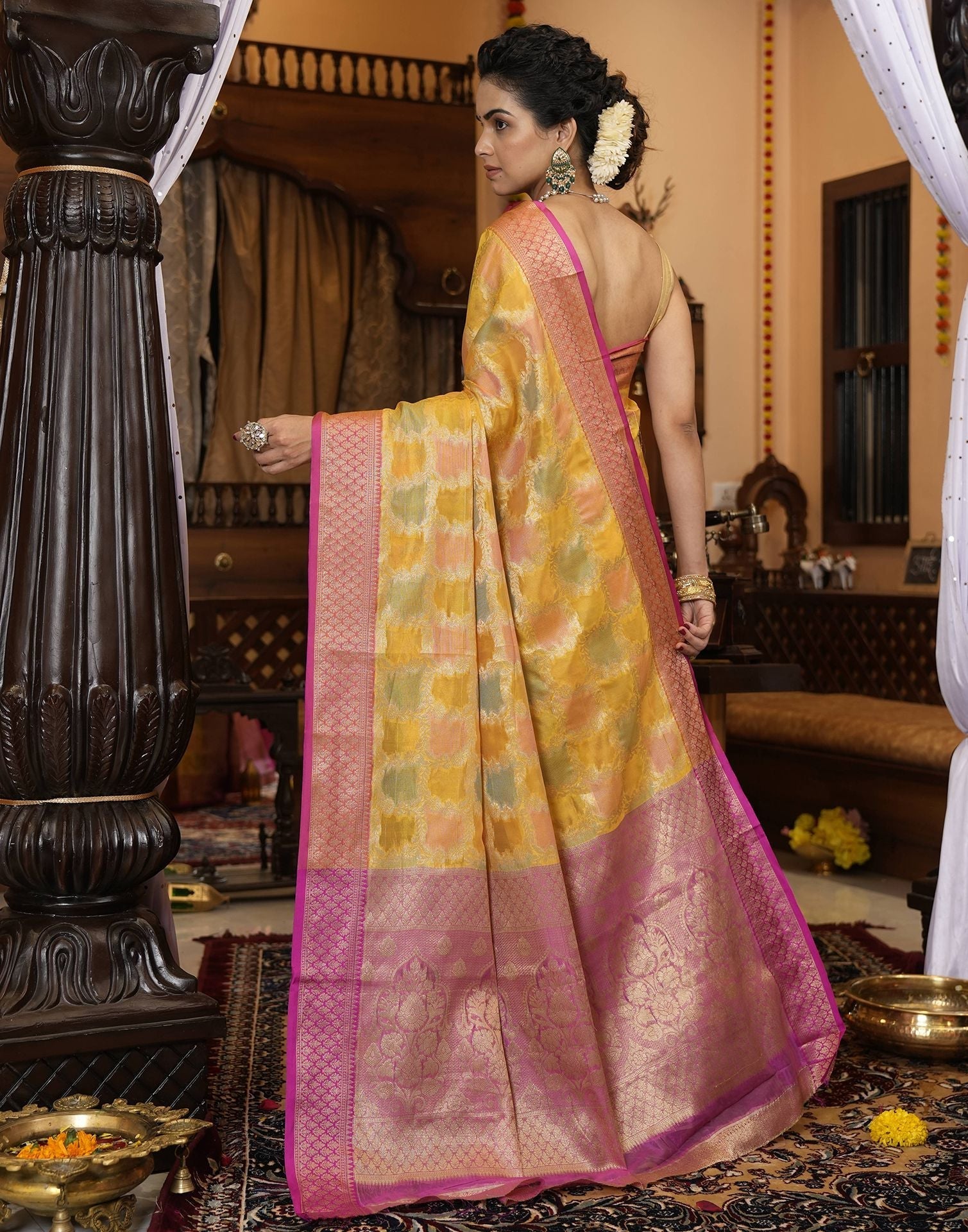 Yellow Banarasi Silk Saree | Leemboodi