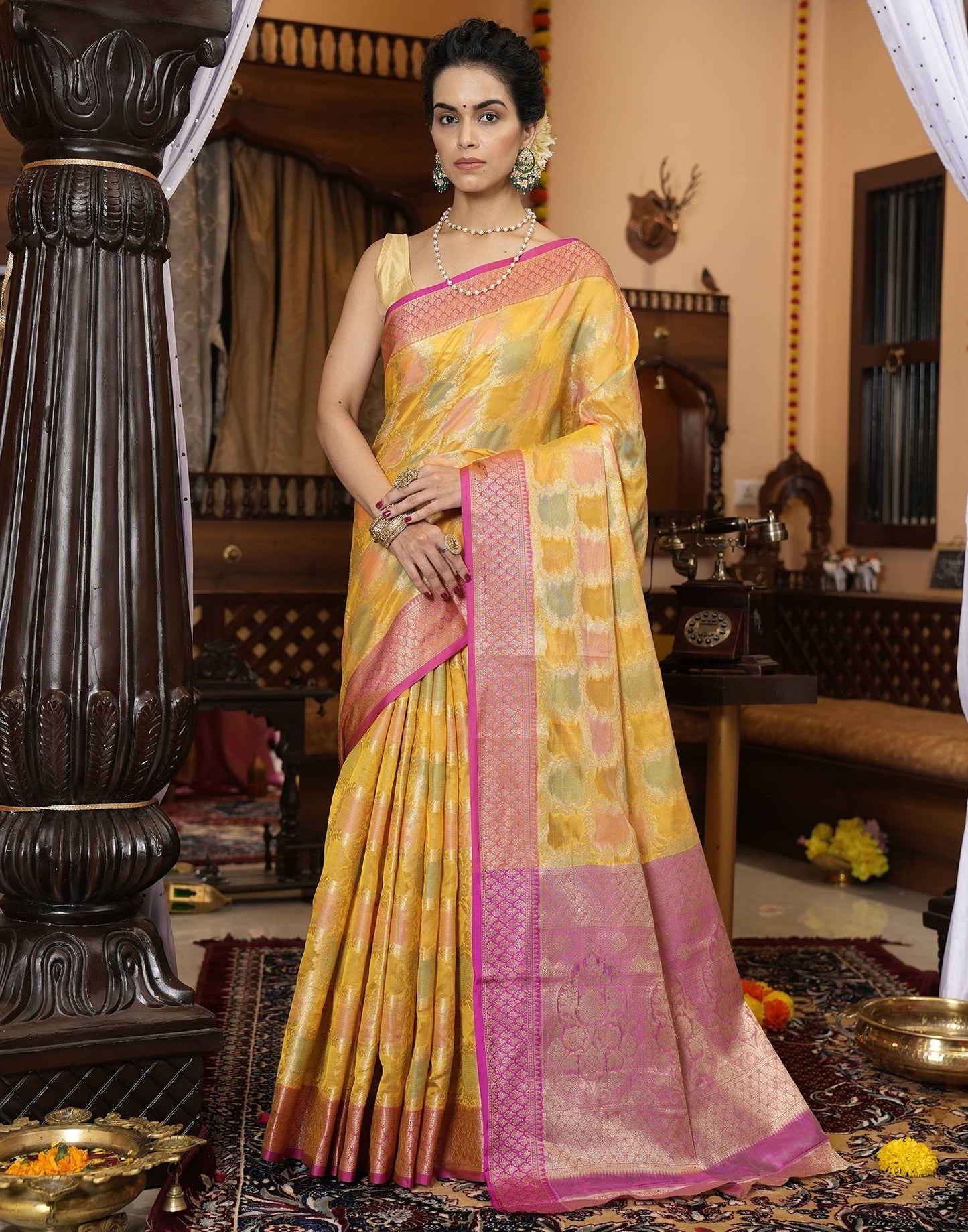 Yellow Banarasi Silk Saree | Leemboodi