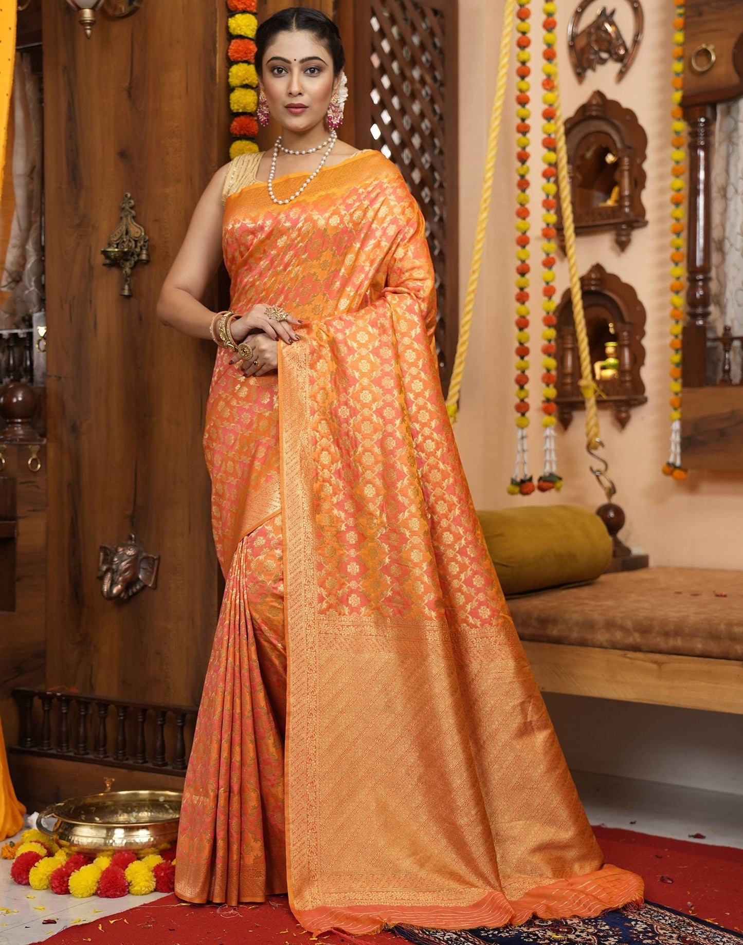 Light Orange Banarasi Silk Saree | Leemboodi