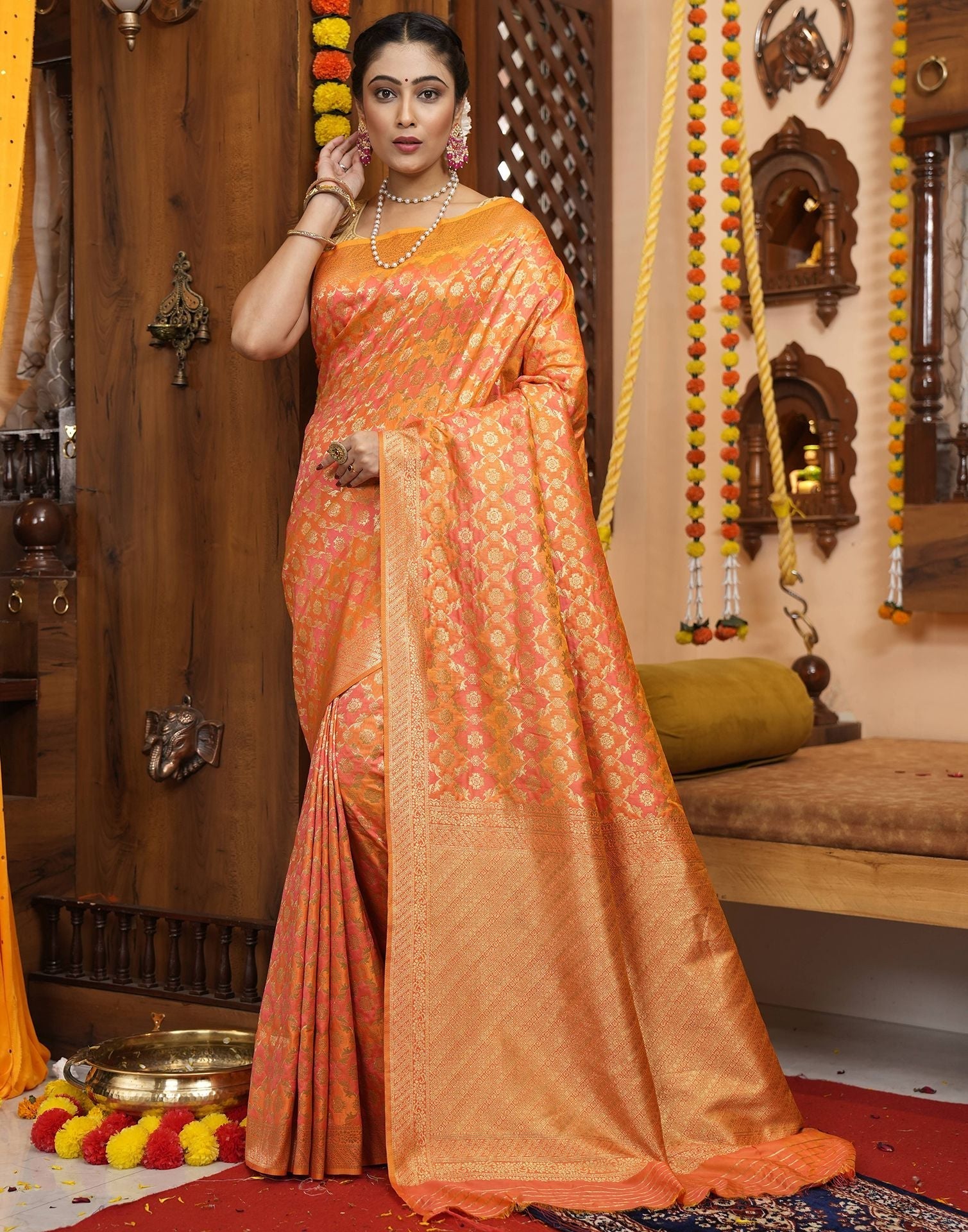 Light Orange Banarasi Silk Saree | Leemboodi