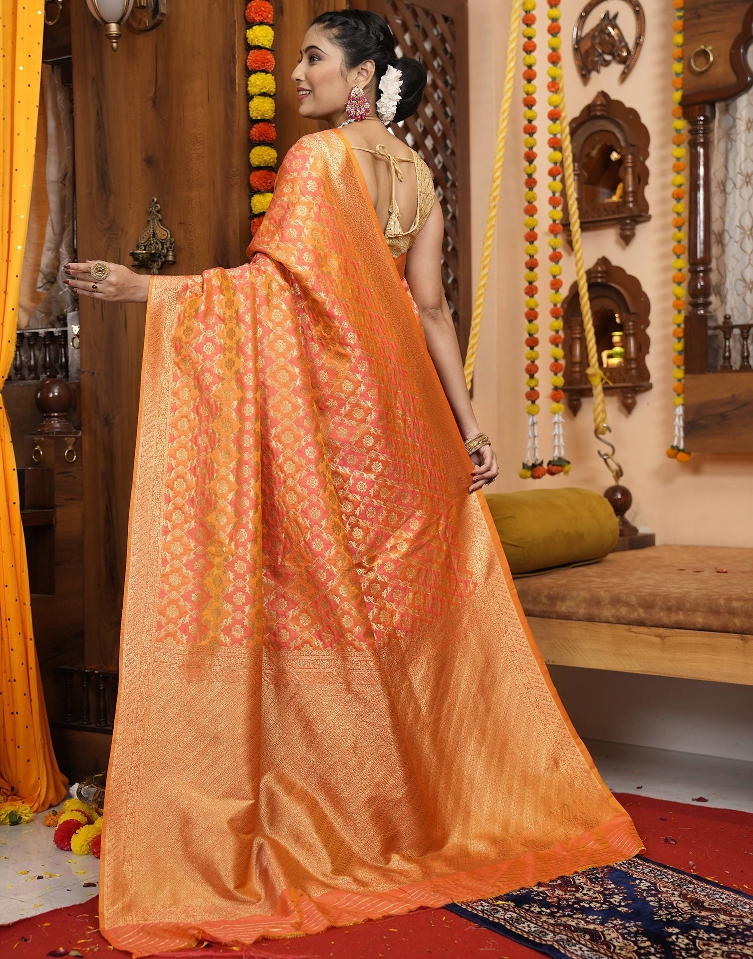 Light Orange Banarasi Silk Saree | Leemboodi