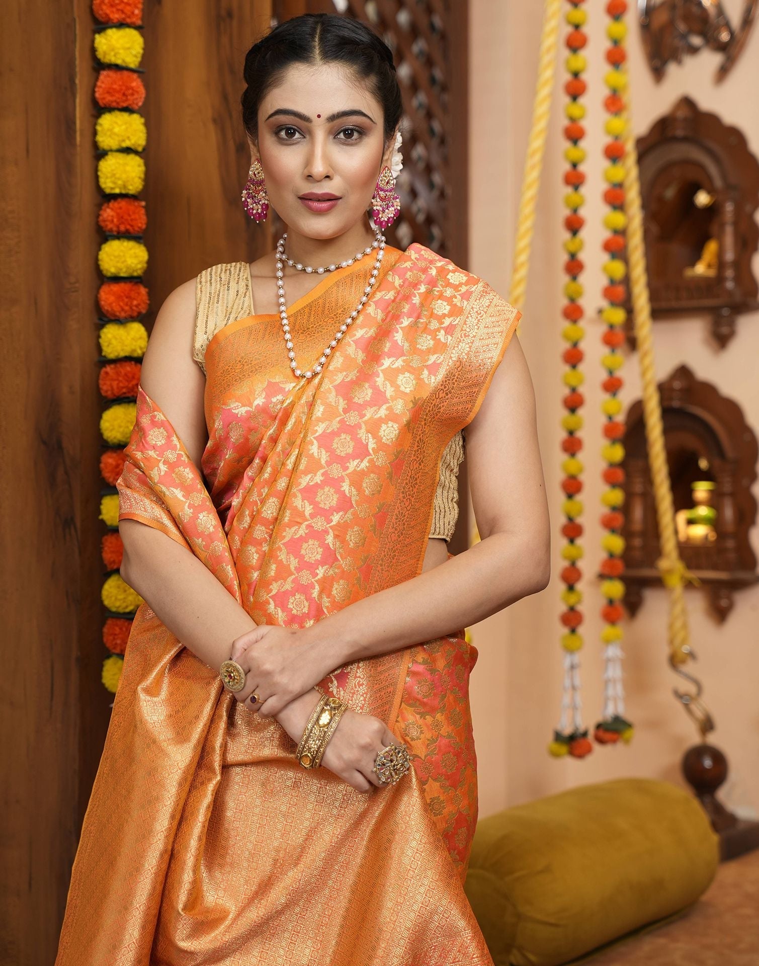 Light Orange Banarasi Silk Saree | Leemboodi