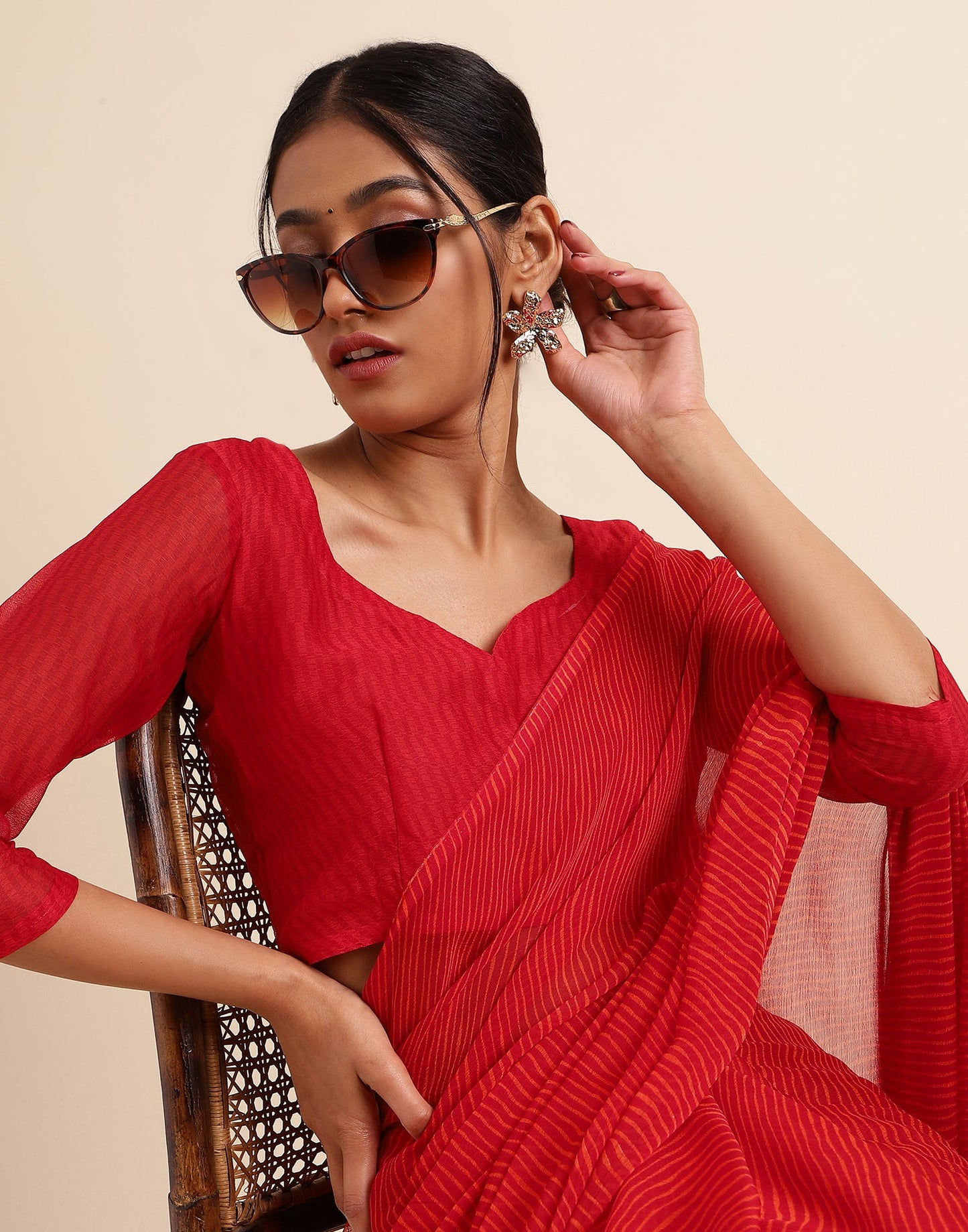 Red Chiffon Leheriya Printed Saree