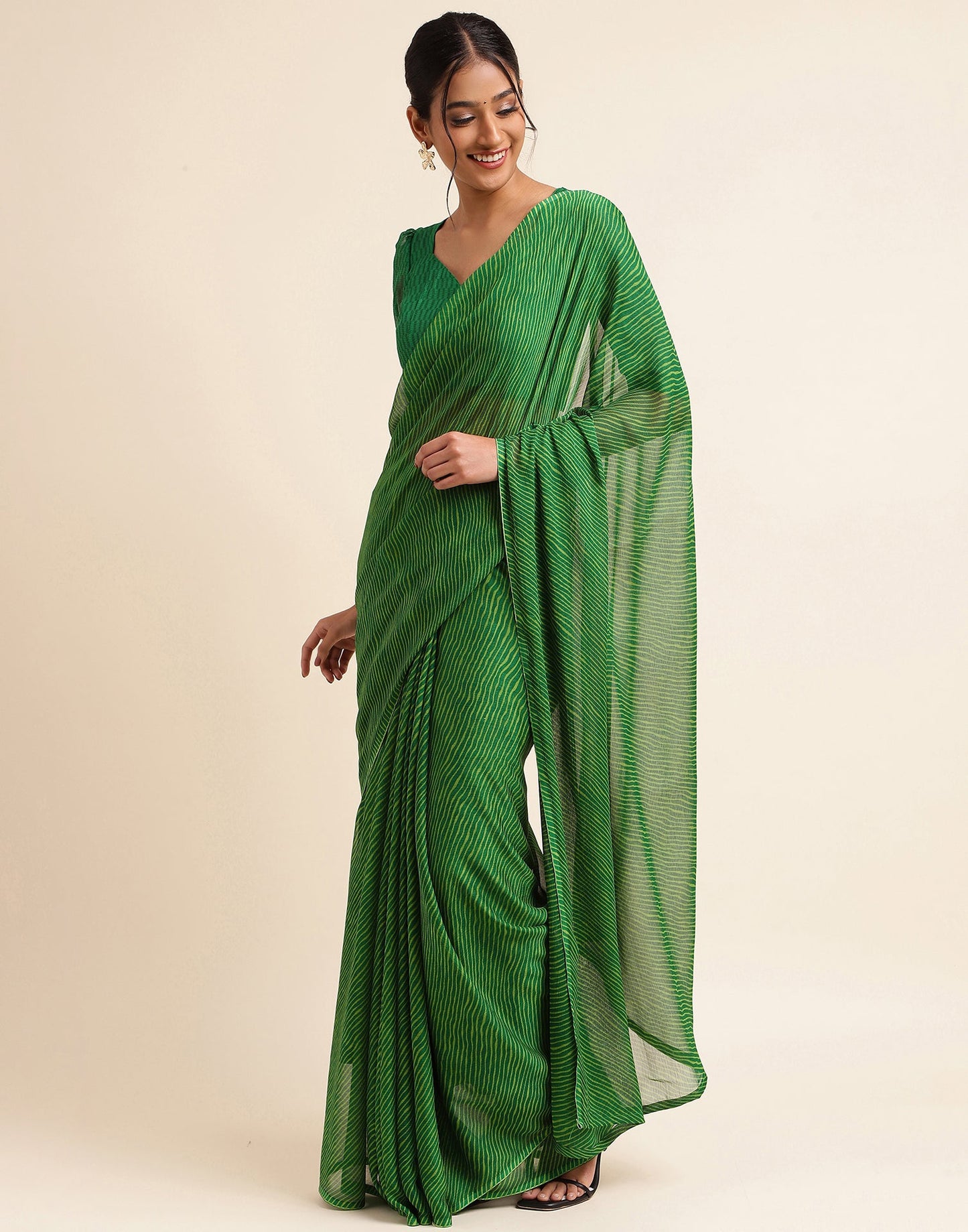 Green Chiffon Leheriya Printed Saree