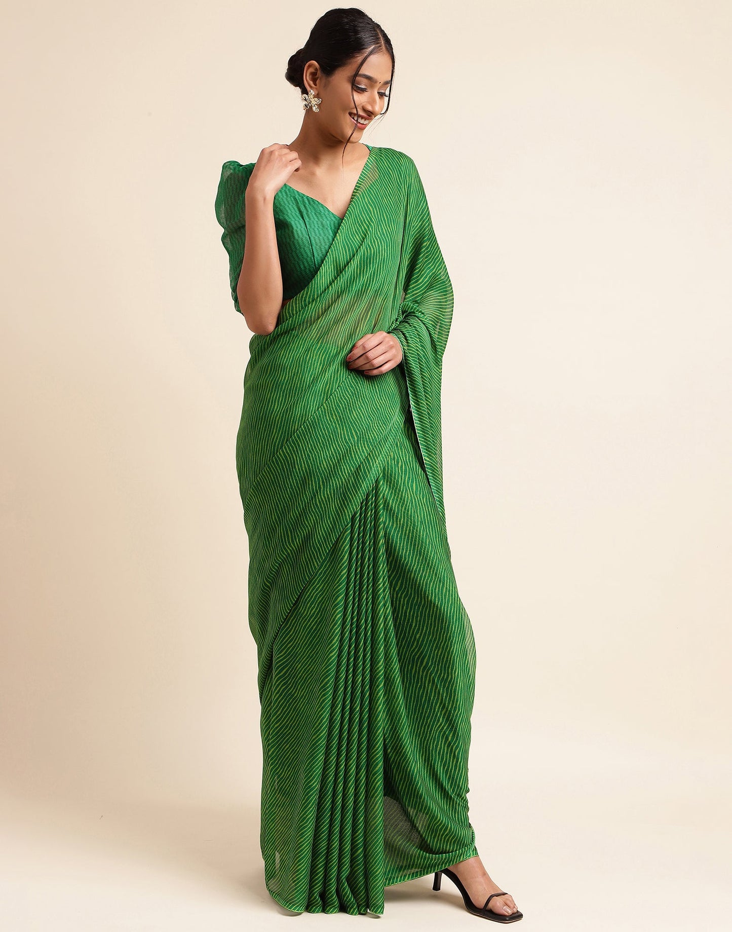 Green Chiffon Leheriya Printed Saree