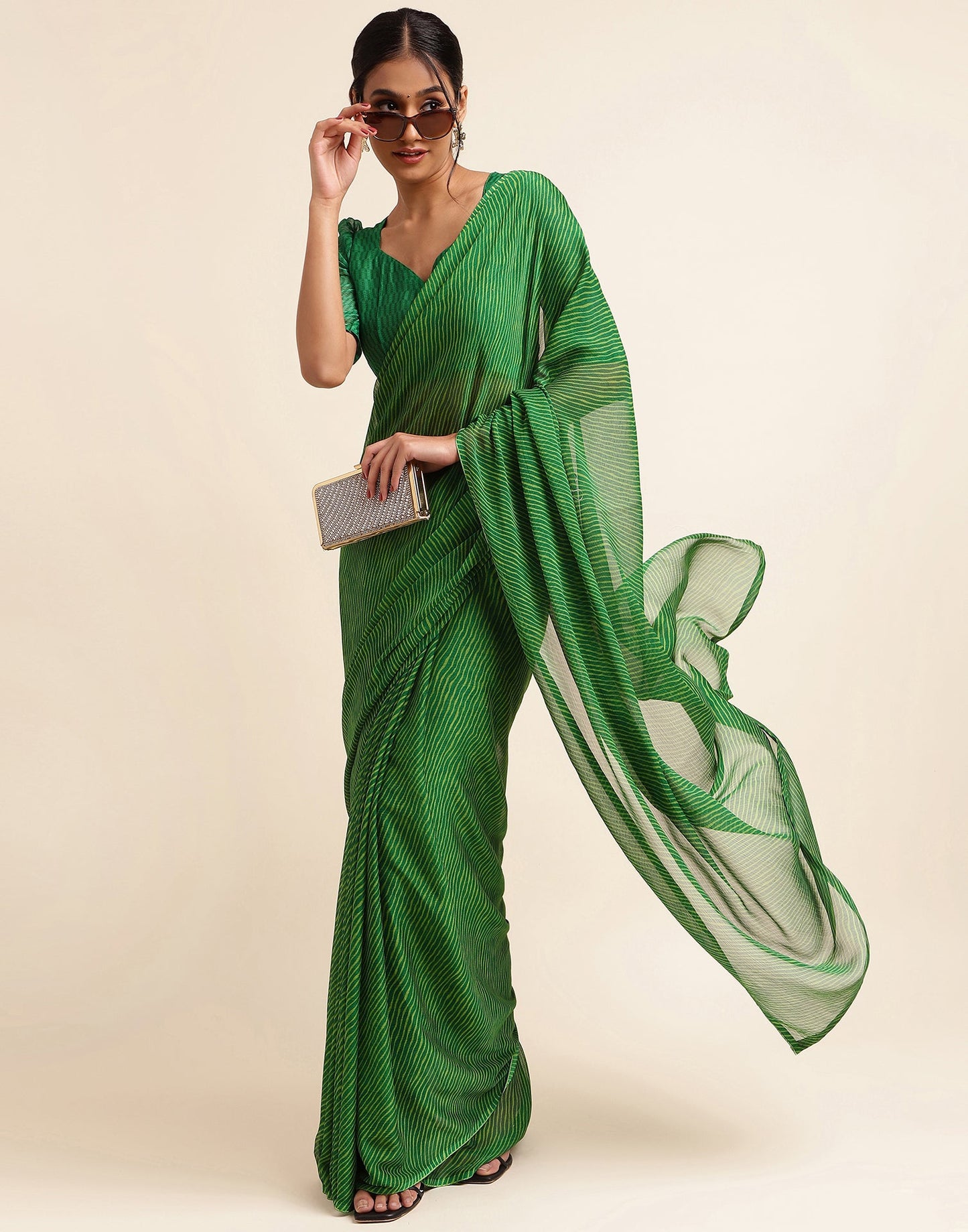 Green Chiffon Leheriya Printed Saree