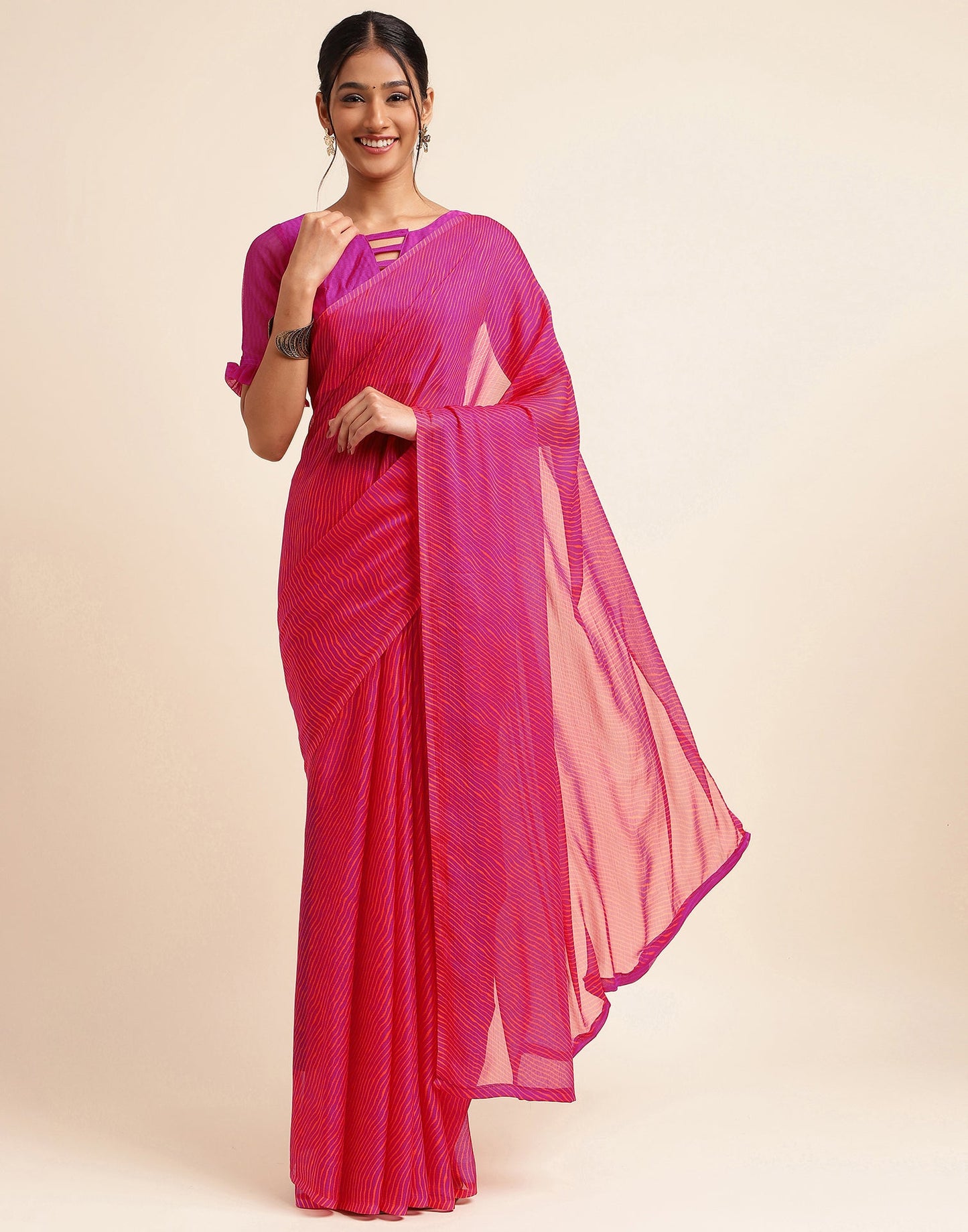 Rani Pink Chiffon Leheriya Printed Saree