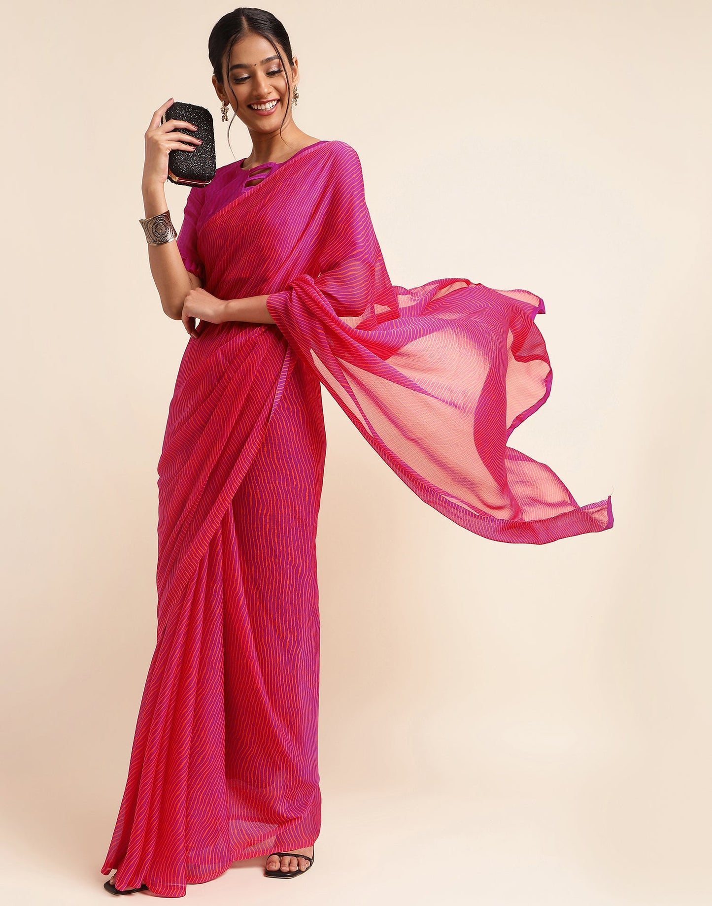 Rani Pink Chiffon Leheriya Printed Saree