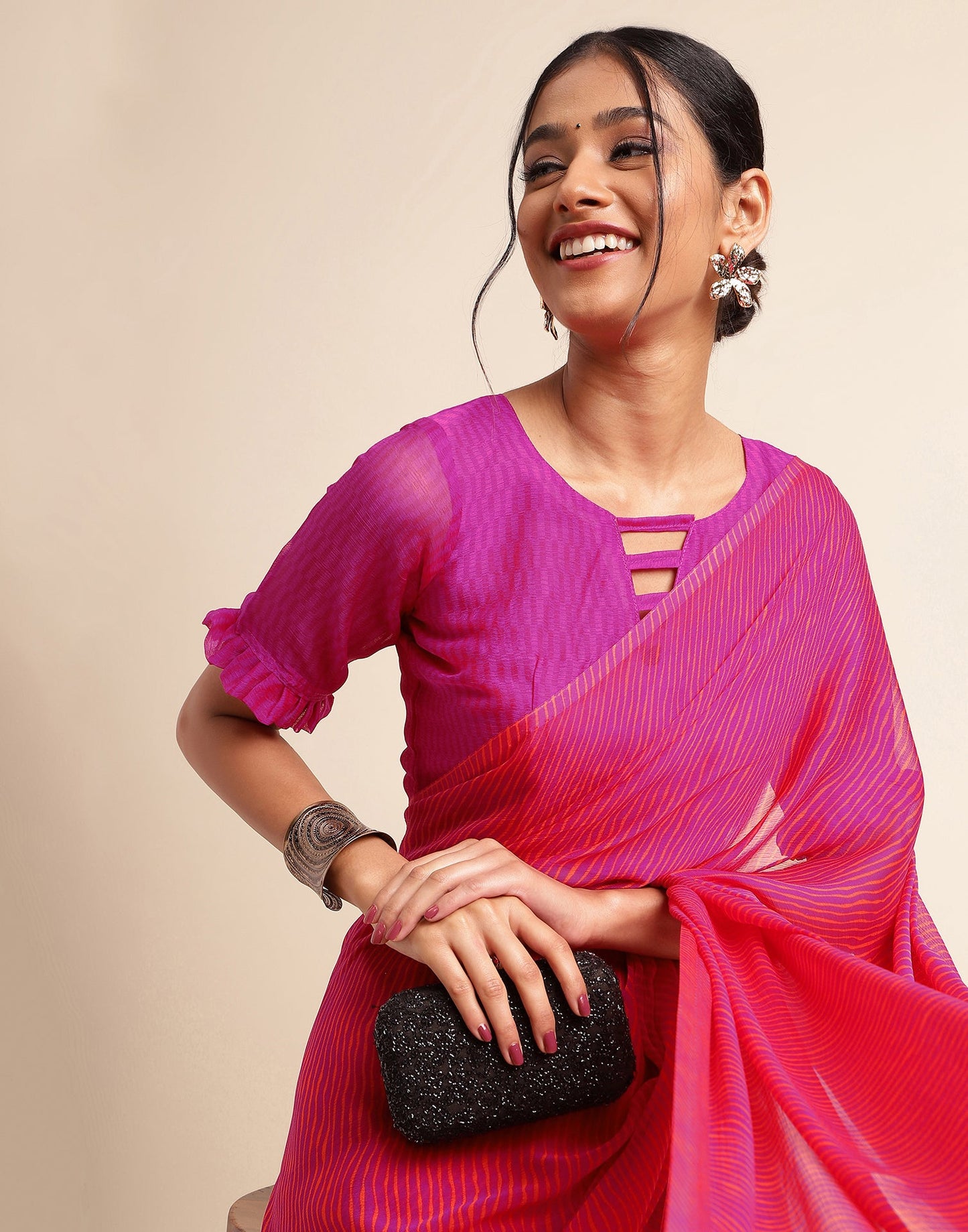 Rani Pink Chiffon Leheriya Printed Saree