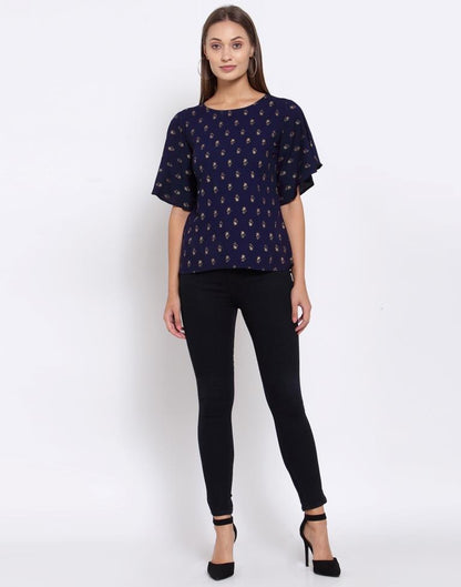 Navy Blue Printed Rayon Top | Sudathi