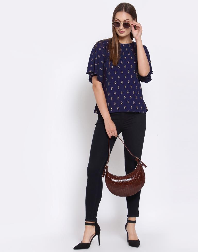 Navy Blue Printed Rayon Top | Sudathi