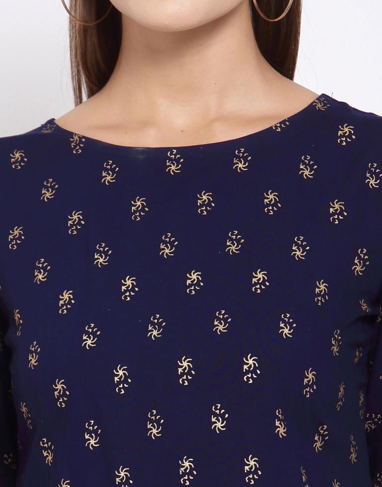 Navy Blue Printed Rayon Top | Sudathi