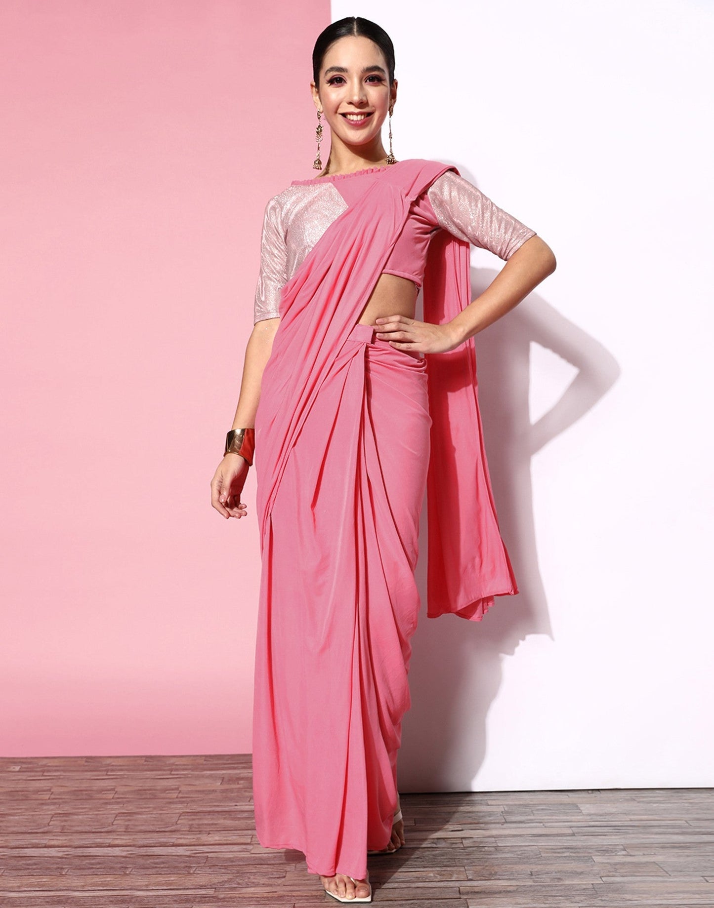 Pink Lycra Pre-Draped Saree With Embellished Border | Leemboodi