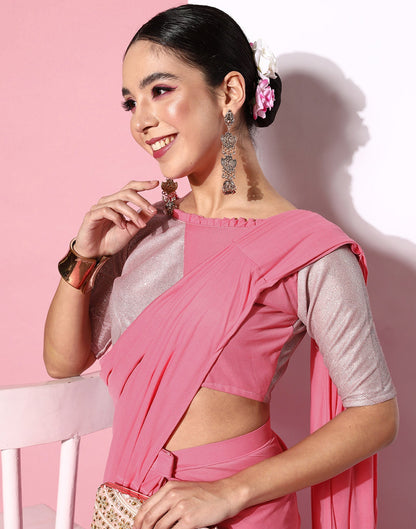 Pink Lycra Pre-Draped Saree With Embellished Border | Leemboodi