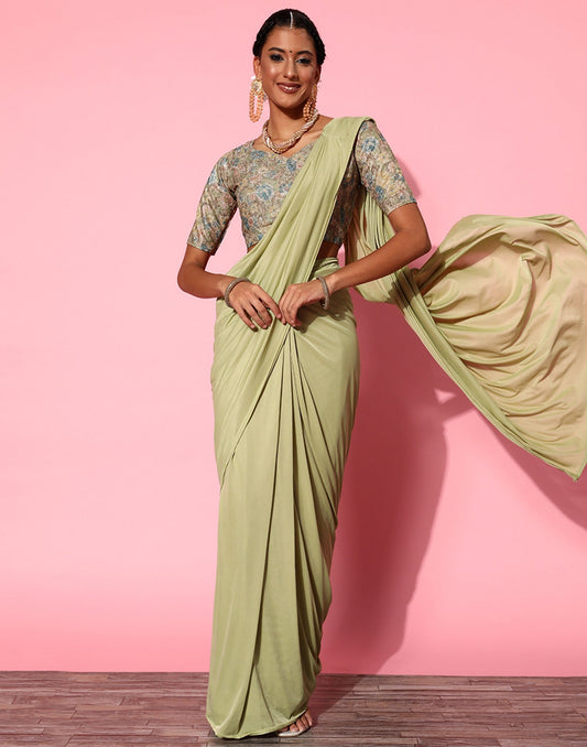 Pista Green Lycra Pre-Draped Saree With Embellished Border | Leemboodi