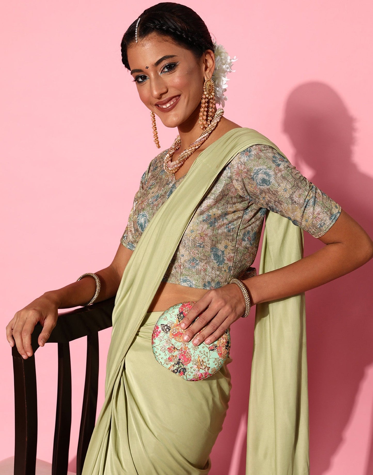 Pista Green Lycra Pre-Draped Saree With Embellished Border | Leemboodi