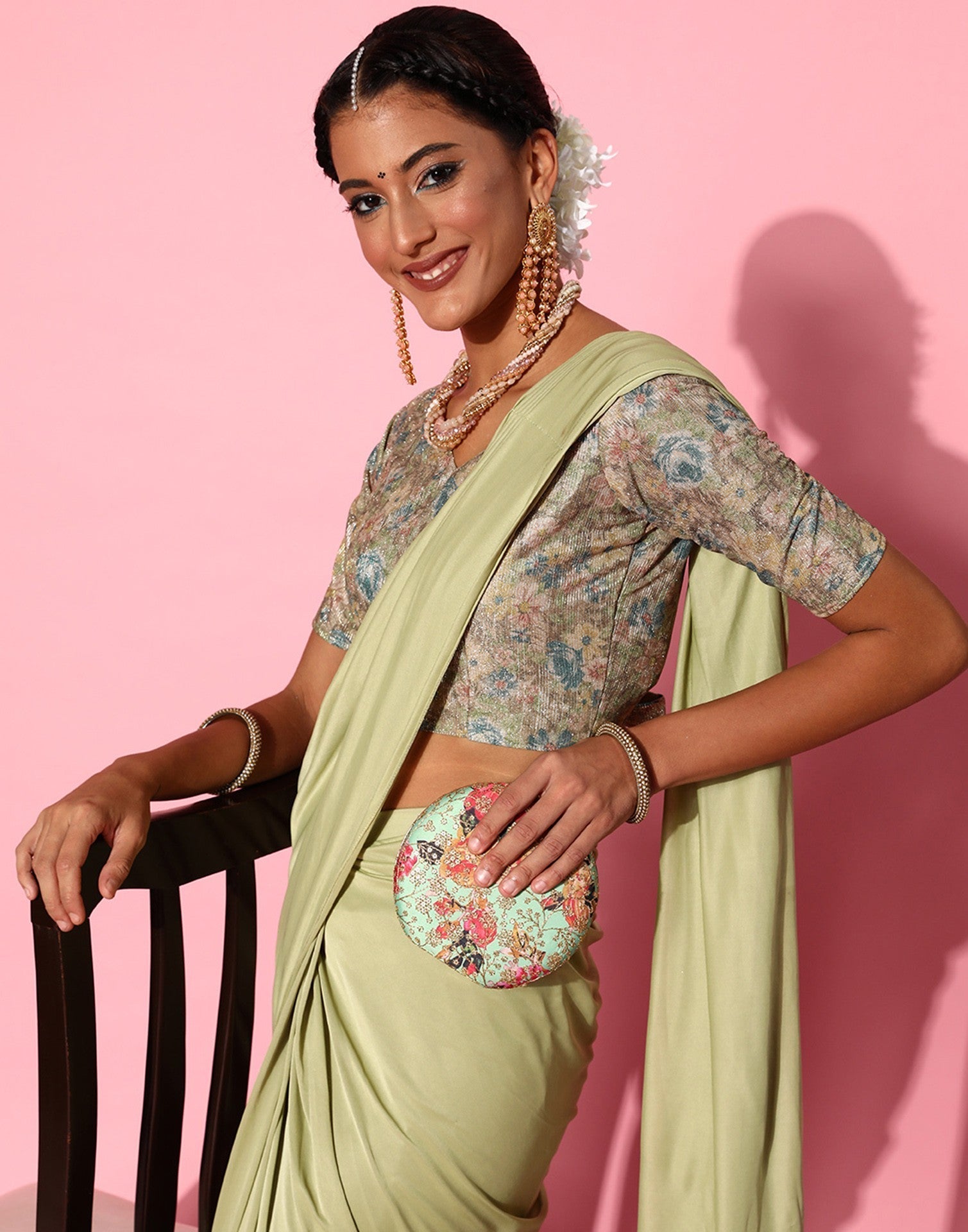 Pista Green Lycra Pre-Draped Saree With Embellished Border | Leemboodi