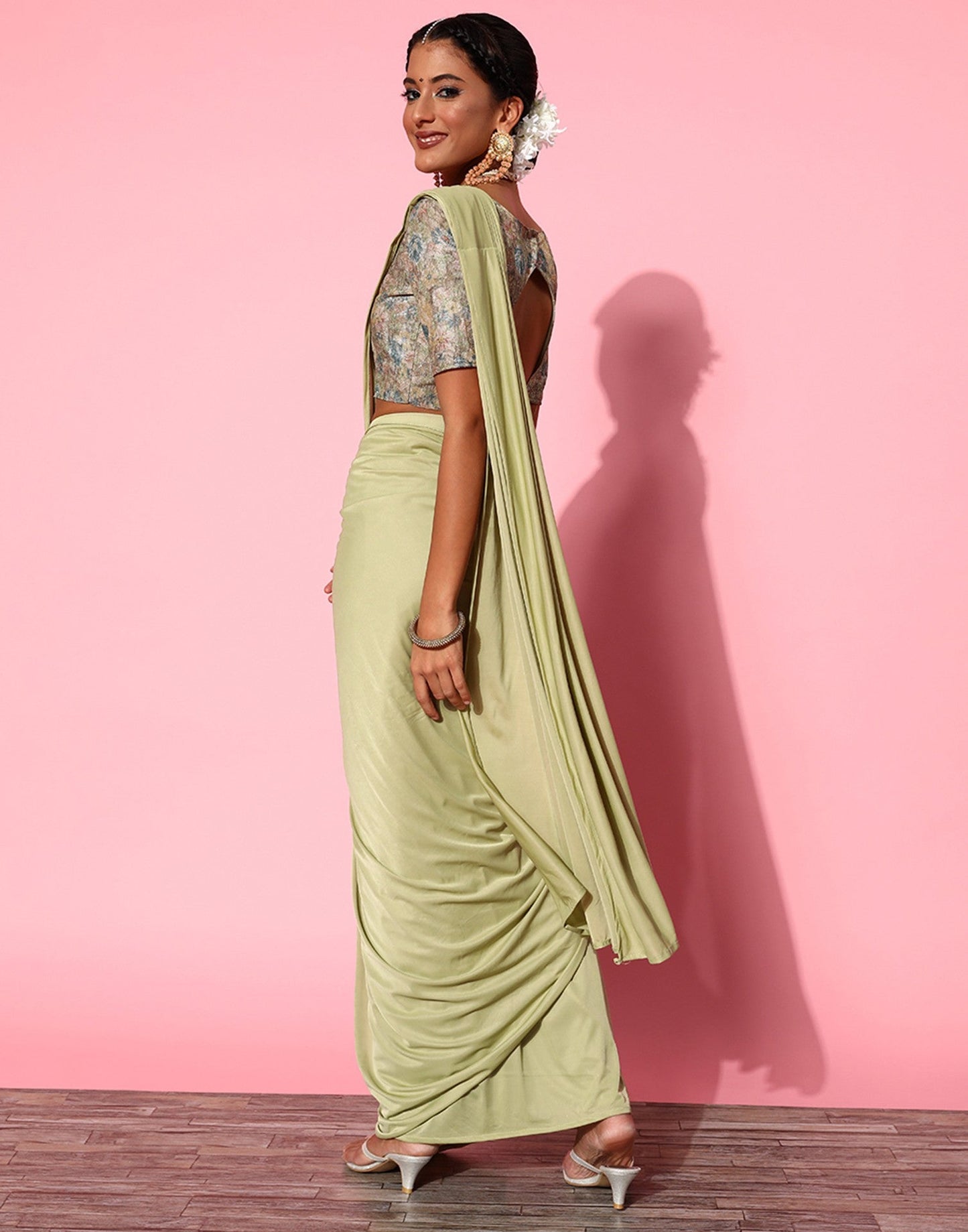 Pista Green Lycra Pre-Draped Saree With Embellished Border | Leemboodi