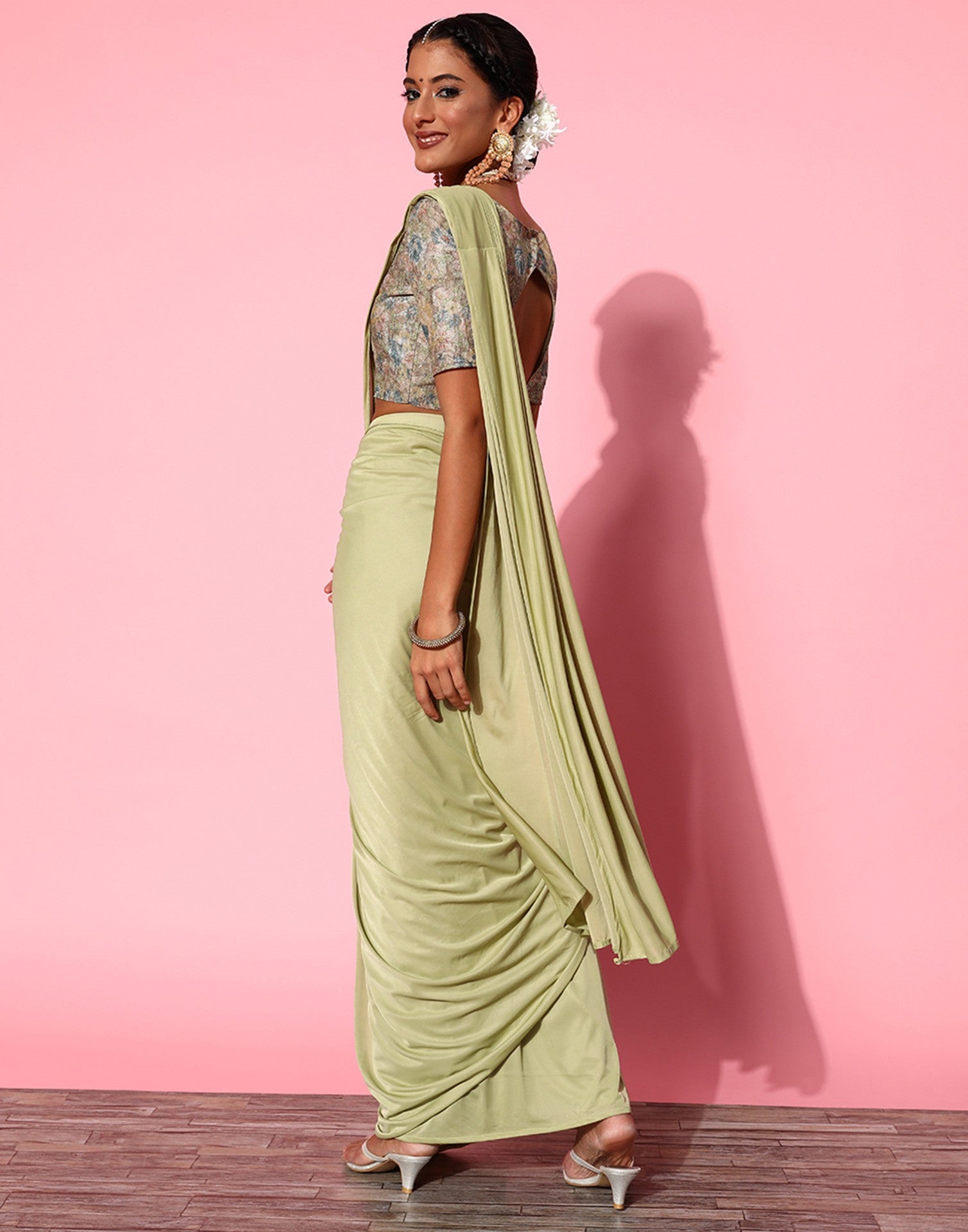 Pista Green Lycra Pre-Draped Saree With Embellished Border | Leemboodi