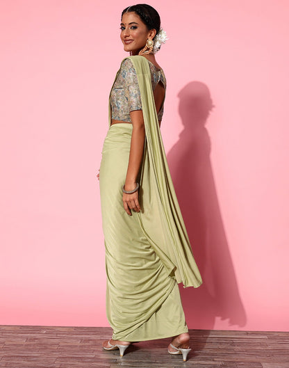 Pista Green Lycra Pre-Draped Saree With Embellished Border | Leemboodi