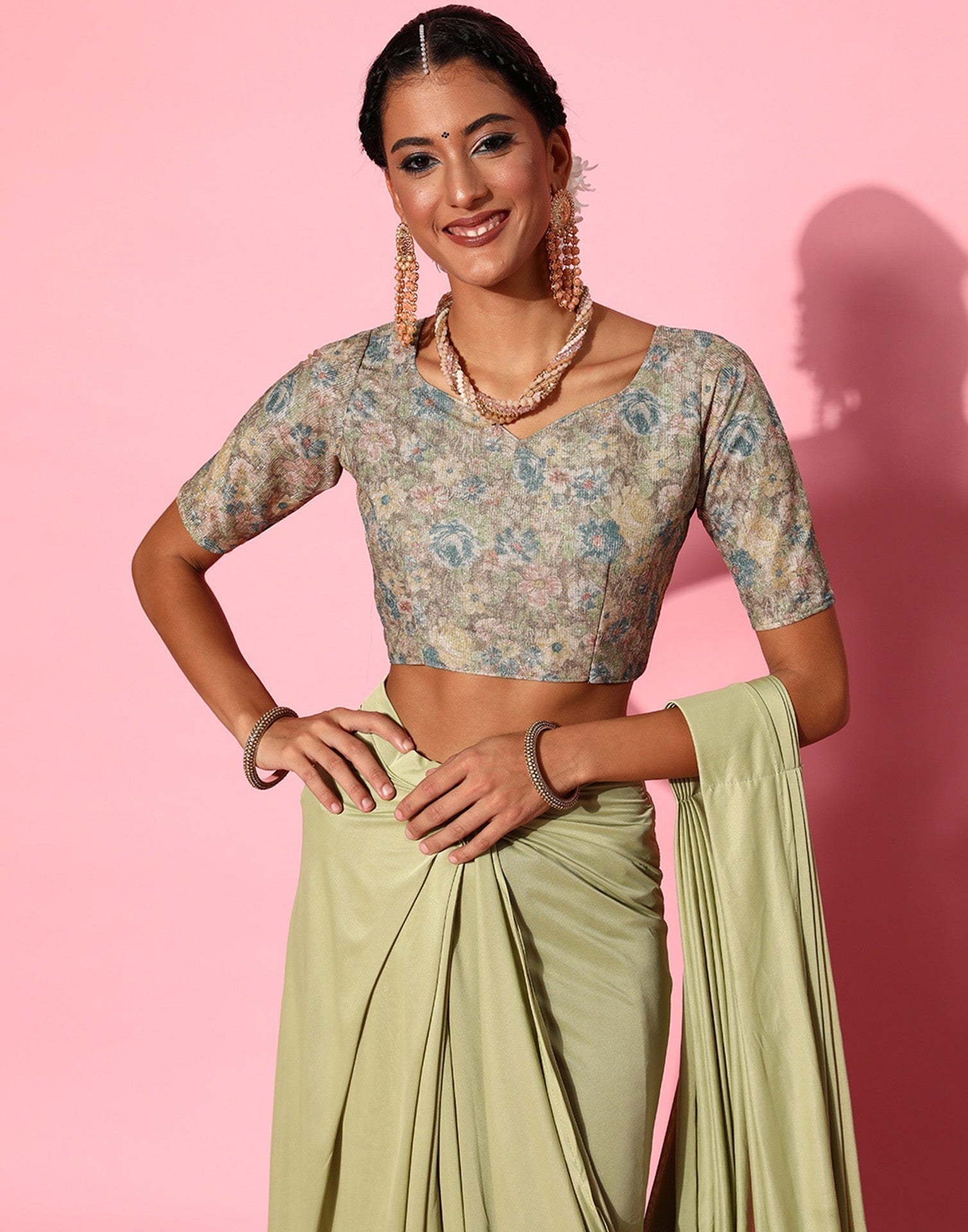 Pista Green Lycra Pre-Draped Saree With Embellished Border | Leemboodi