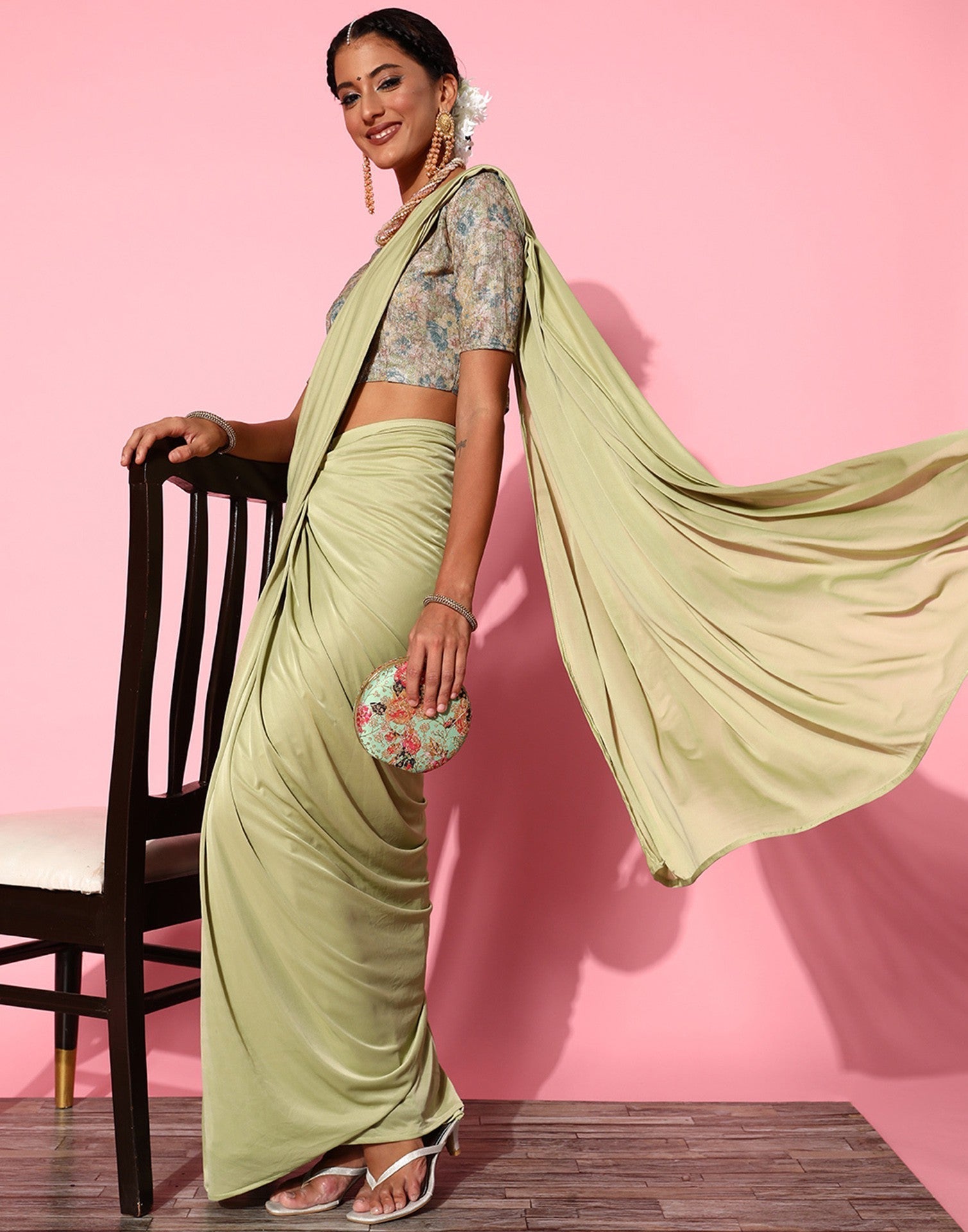 Pista Green Lycra Pre-Draped Saree With Embellished Border | Leemboodi