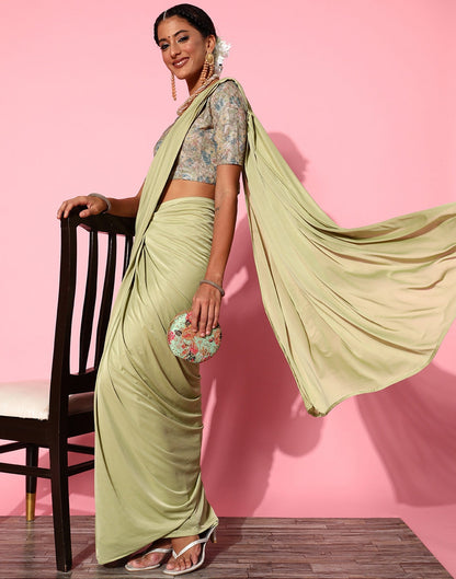 Pista Green Lycra Pre-Draped Saree With Embellished Border | Leemboodi