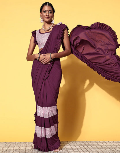 Wine Lycra Pre-Draped Saree With Embellished Border | Leemboodi