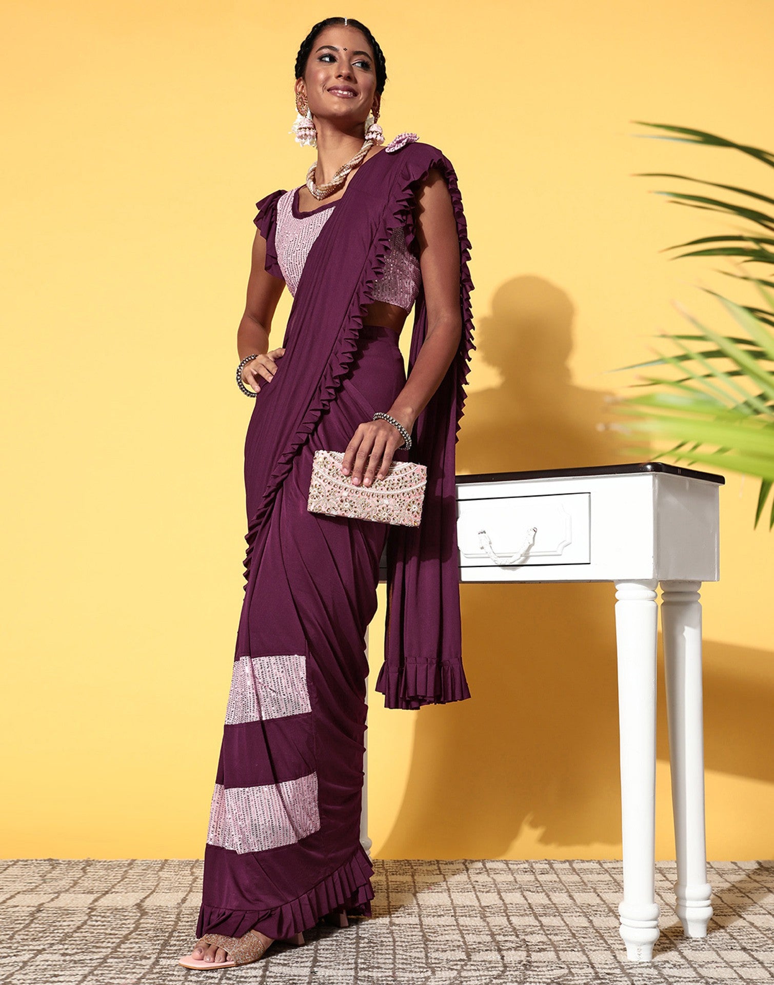 Wine Lycra Pre-Draped Saree With Embellished Border | Leemboodi