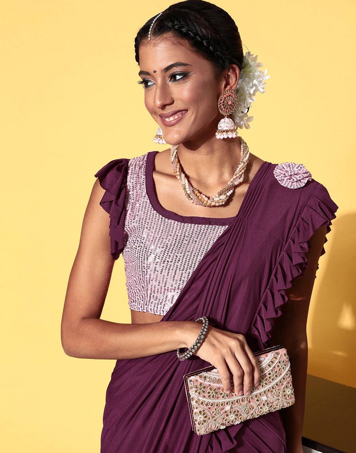 Wine Lycra Pre-Draped Saree With Embellished Border | Leemboodi