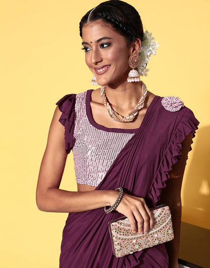 Wine Lycra Pre-Draped Saree With Embellished Border | Leemboodi