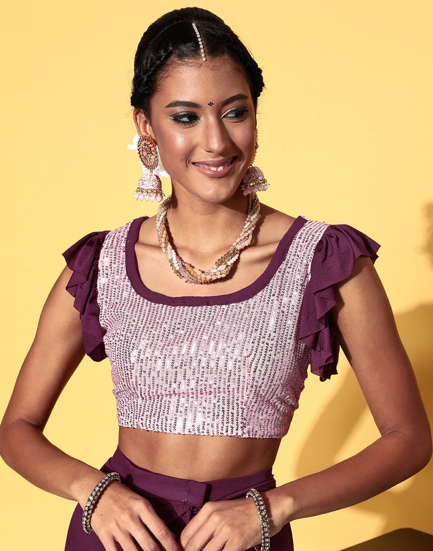 Wine Lycra Pre-Draped Saree With Embellished Border | Leemboodi