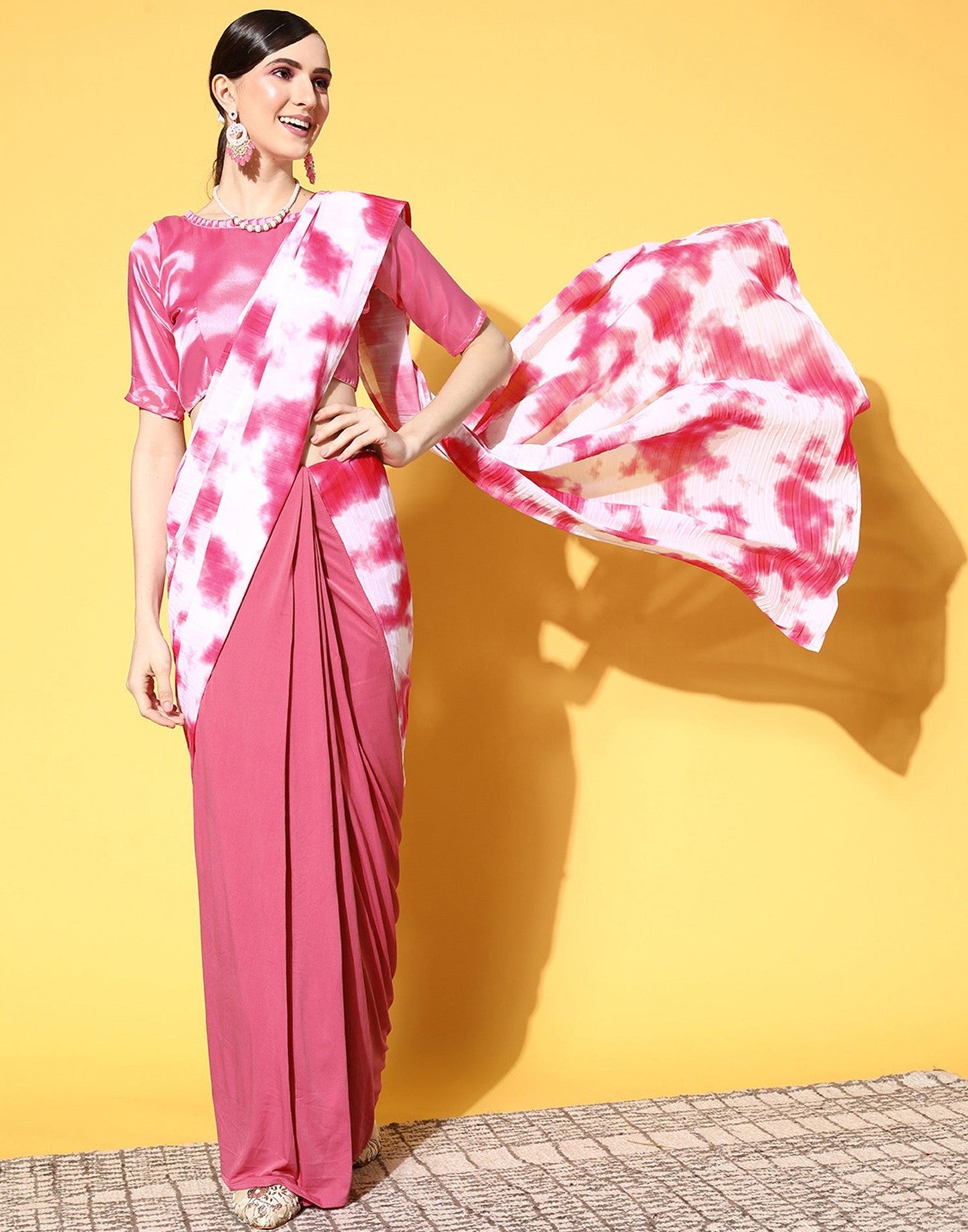 Pink Lycra Pre-Draped Saree With Embellished Border | Leemboodi